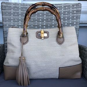 Canvas & leather Italian bag, beige/taupe, bamboo handles, strap, new, no tag!